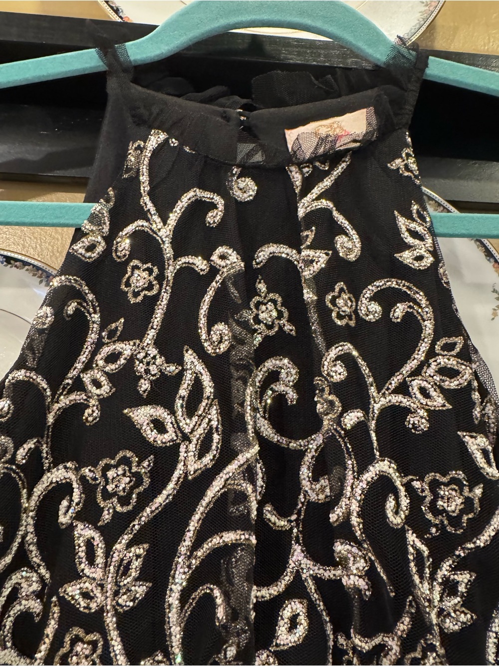 GB girls black Halter Maxi Dress with Silver Embroidery Accents - Picture 4 of 4
